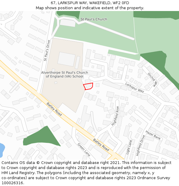 67, LARKSPUR WAY, WAKEFIELD, WF2 0FD: Location map and indicative extent of plot