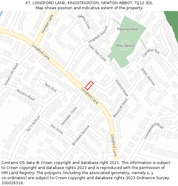 67, LONGFORD LANE, KINGSTEIGNTON, NEWTON ABBOT, TQ12 3DL: Location map and indicative extent of plot