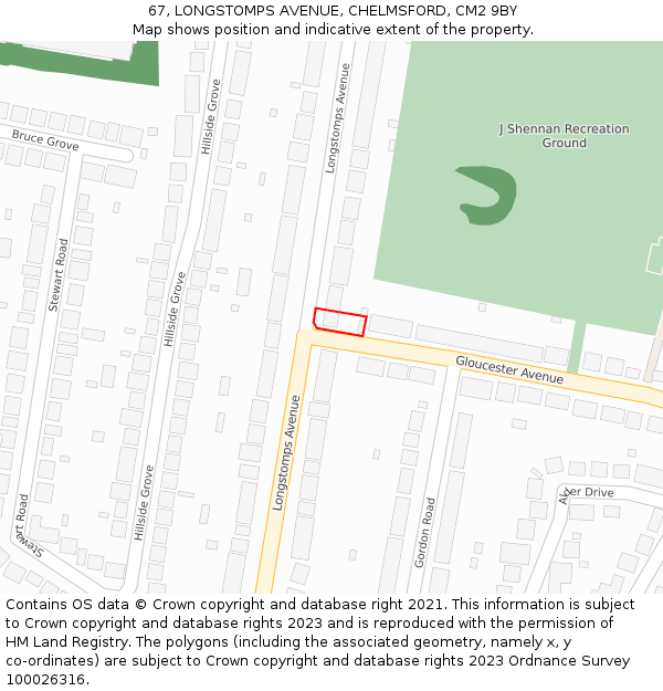 67, LONGSTOMPS AVENUE, CHELMSFORD, CM2 9BY: Location map and indicative extent of plot