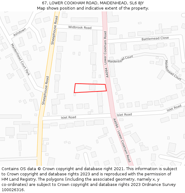 67, LOWER COOKHAM ROAD, MAIDENHEAD, SL6 8JY: Location map and indicative extent of plot