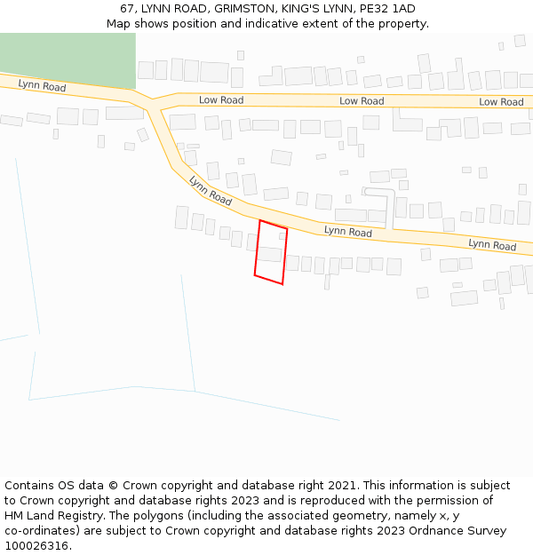 67, LYNN ROAD, GRIMSTON, KING'S LYNN, PE32 1AD: Location map and indicative extent of plot