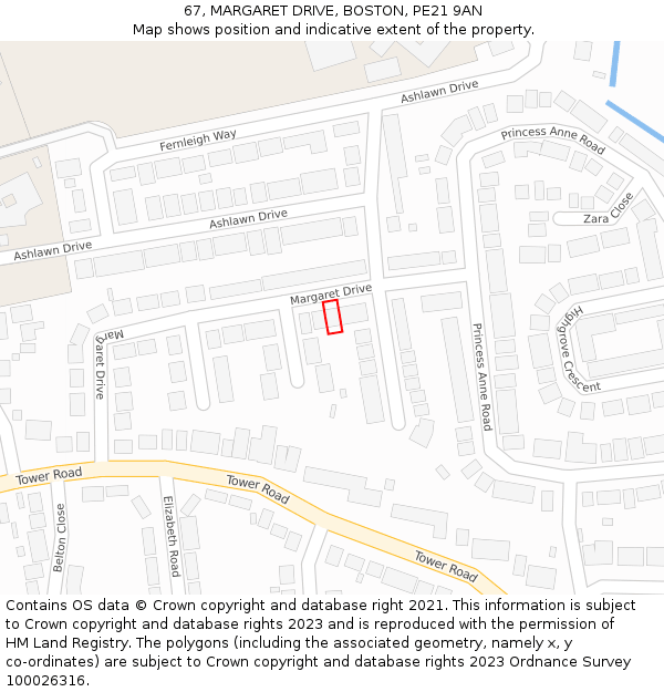 67, MARGARET DRIVE, BOSTON, PE21 9AN: Location map and indicative extent of plot