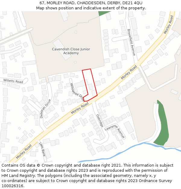 67, MORLEY ROAD, CHADDESDEN, DERBY, DE21 4QU: Location map and indicative extent of plot