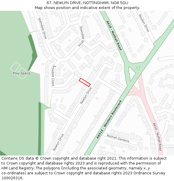 67, NEWLYN DRIVE, NOTTINGHAM, NG8 5GU: Location map and indicative extent of plot