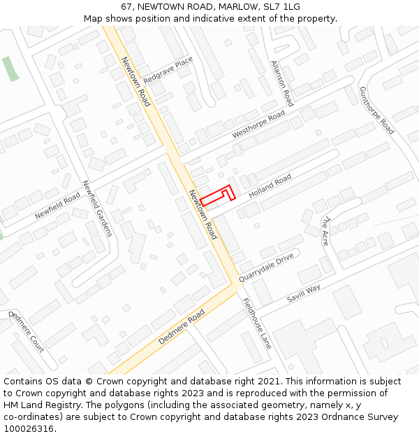 67, NEWTOWN ROAD, MARLOW, SL7 1LG: Location map and indicative extent of plot