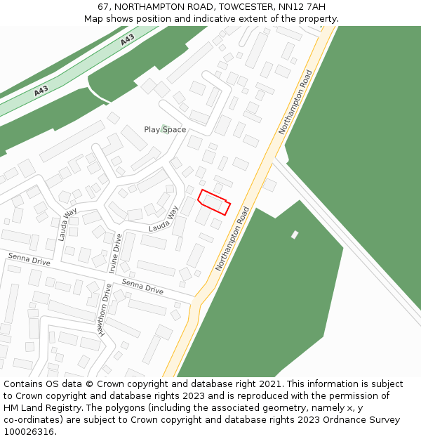 67, NORTHAMPTON ROAD, TOWCESTER, NN12 7AH: Location map and indicative extent of plot
