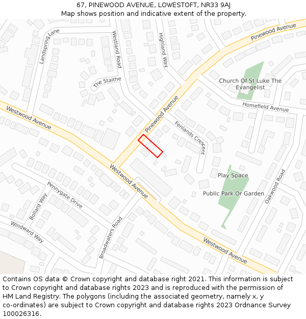 67, PINEWOOD AVENUE, LOWESTOFT, NR33 9AJ: Location map and indicative extent of plot
