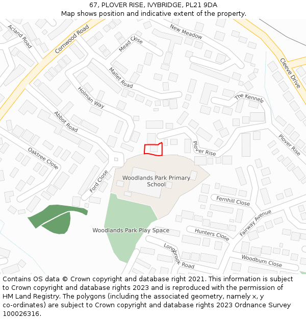 67, PLOVER RISE, IVYBRIDGE, PL21 9DA: Location map and indicative extent of plot
