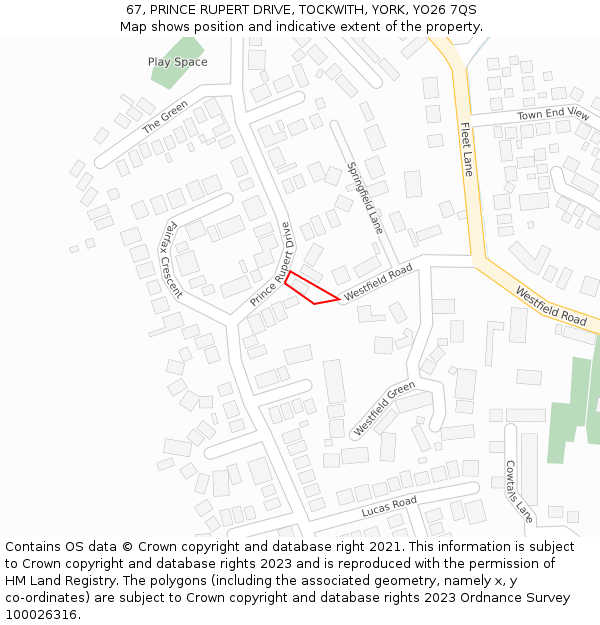 67, PRINCE RUPERT DRIVE, TOCKWITH, YORK, YO26 7QS: Location map and indicative extent of plot
