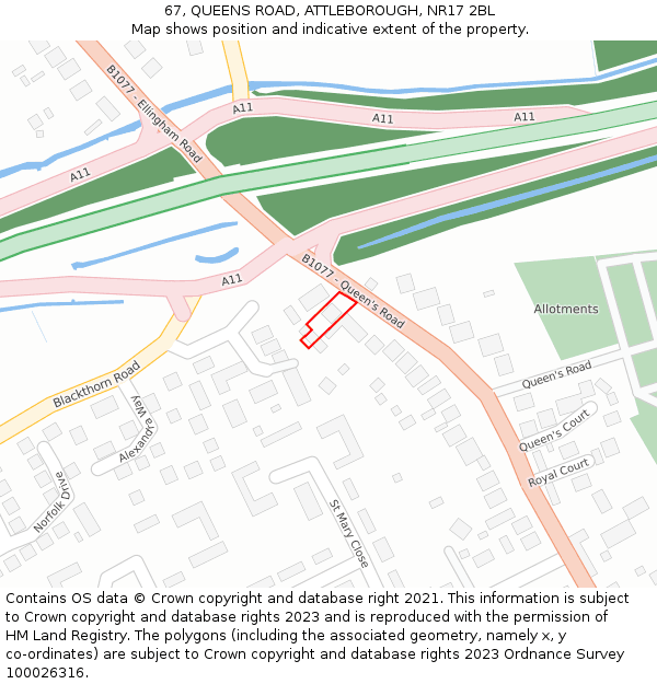 67, QUEENS ROAD, ATTLEBOROUGH, NR17 2BL: Location map and indicative extent of plot