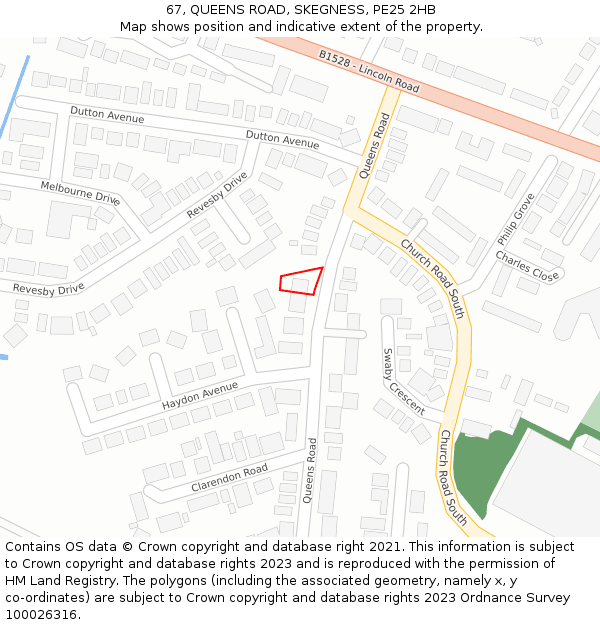 67, QUEENS ROAD, SKEGNESS, PE25 2HB: Location map and indicative extent of plot