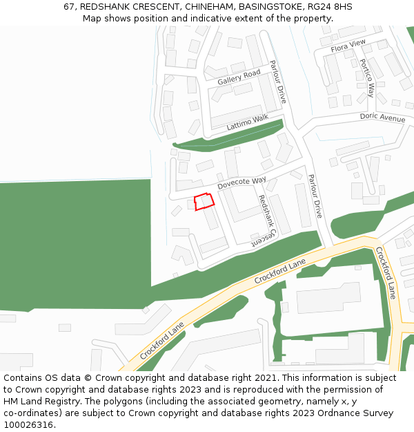 67, REDSHANK CRESCENT, CHINEHAM, BASINGSTOKE, RG24 8HS: Location map and indicative extent of plot