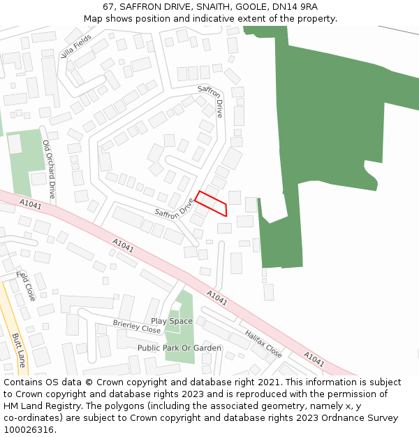 67, SAFFRON DRIVE, SNAITH, GOOLE, DN14 9RA: Location map and indicative extent of plot