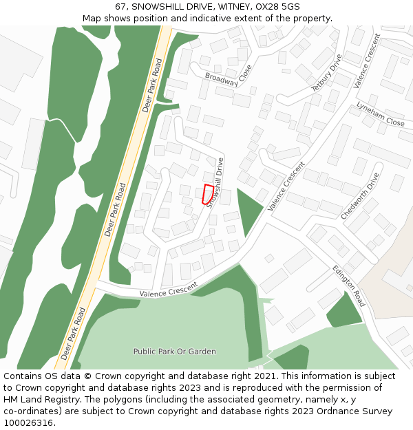 67, SNOWSHILL DRIVE, WITNEY, OX28 5GS: Location map and indicative extent of plot
