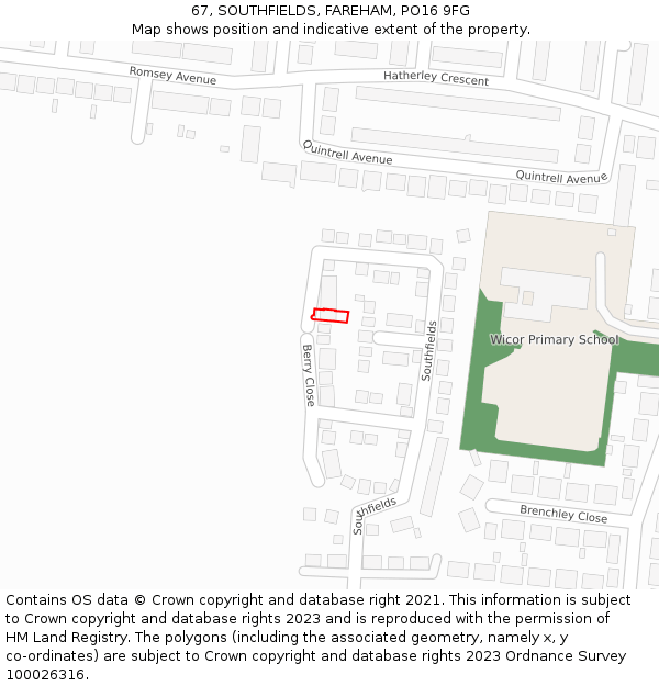67, SOUTHFIELDS, FAREHAM, PO16 9FG: Location map and indicative extent of plot