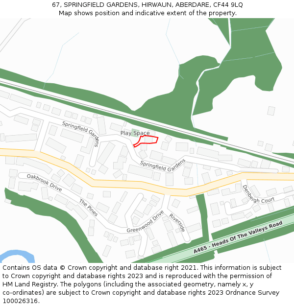 67, SPRINGFIELD GARDENS, HIRWAUN, ABERDARE, CF44 9LQ: Location map and indicative extent of plot