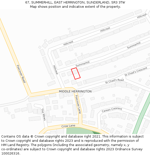 67, SUMMERHILL, EAST HERRINGTON, SUNDERLAND, SR3 3TW: Location map and indicative extent of plot