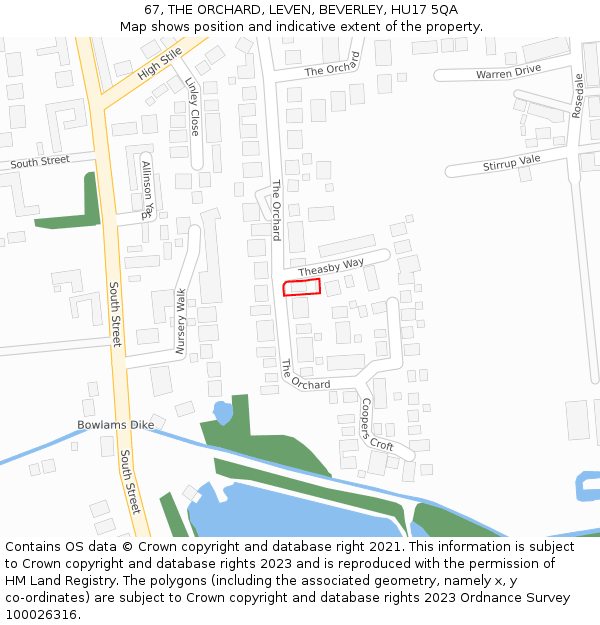 67, THE ORCHARD, LEVEN, BEVERLEY, HU17 5QA: Location map and indicative extent of plot