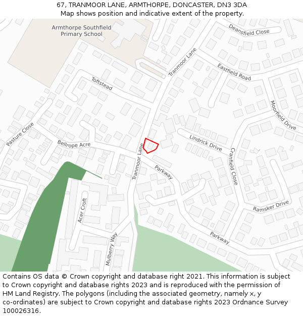 67, TRANMOOR LANE, ARMTHORPE, DONCASTER, DN3 3DA: Location map and indicative extent of plot