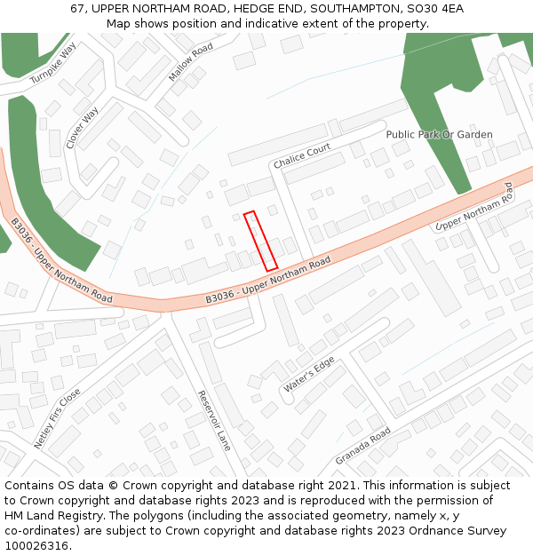67, UPPER NORTHAM ROAD, HEDGE END, SOUTHAMPTON, SO30 4EA: Location map and indicative extent of plot