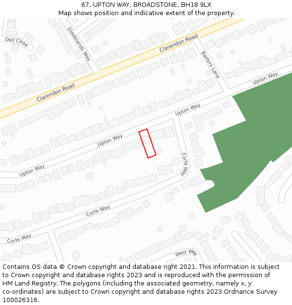 67, UPTON WAY, BROADSTONE, BH18 9LX: Location map and indicative extent of plot