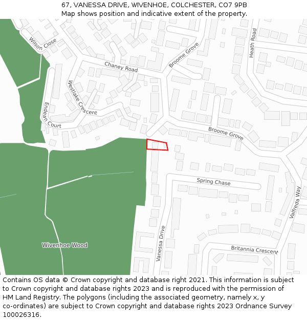67, VANESSA DRIVE, WIVENHOE, COLCHESTER, CO7 9PB: Location map and indicative extent of plot