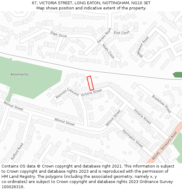 67, VICTORIA STREET, LONG EATON, NOTTINGHAM, NG10 3ET: Location map and indicative extent of plot