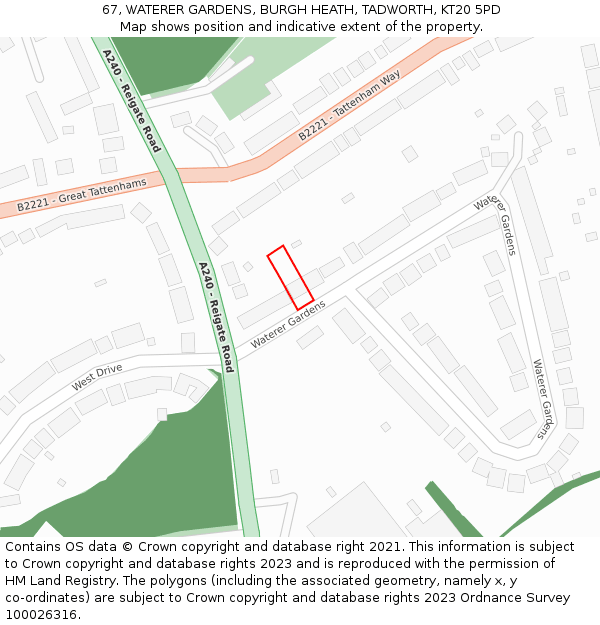 67, WATERER GARDENS, BURGH HEATH, TADWORTH, KT20 5PD: Location map and indicative extent of plot