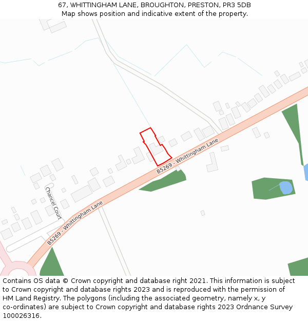 67, WHITTINGHAM LANE, BROUGHTON, PRESTON, PR3 5DB: Location map and indicative extent of plot