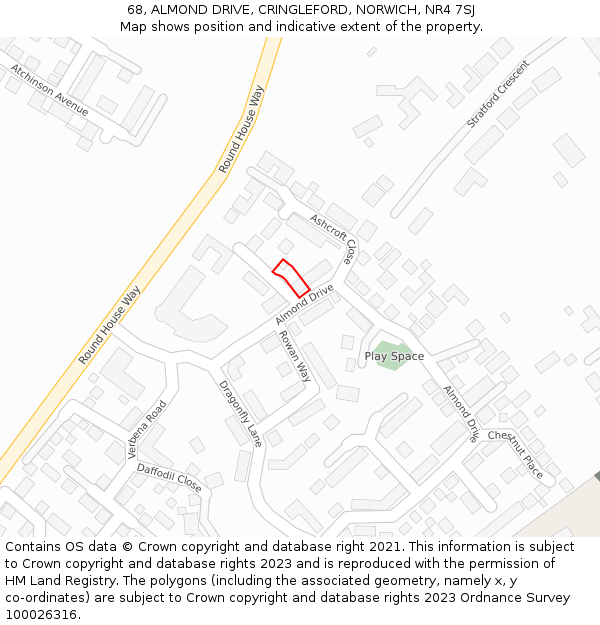 68, ALMOND DRIVE, CRINGLEFORD, NORWICH, NR4 7SJ: Location map and indicative extent of plot