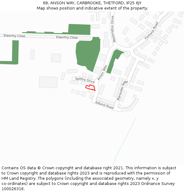 68, ANSON WAY, CARBROOKE, THETFORD, IP25 6JY: Location map and indicative extent of plot