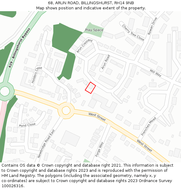 68, ARUN ROAD, BILLINGSHURST, RH14 9NB: Location map and indicative extent of plot