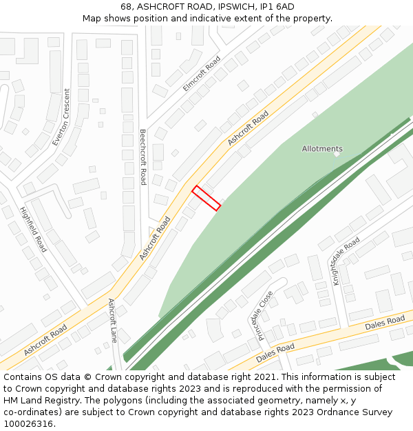 68, ASHCROFT ROAD, IPSWICH, IP1 6AD: Location map and indicative extent of plot