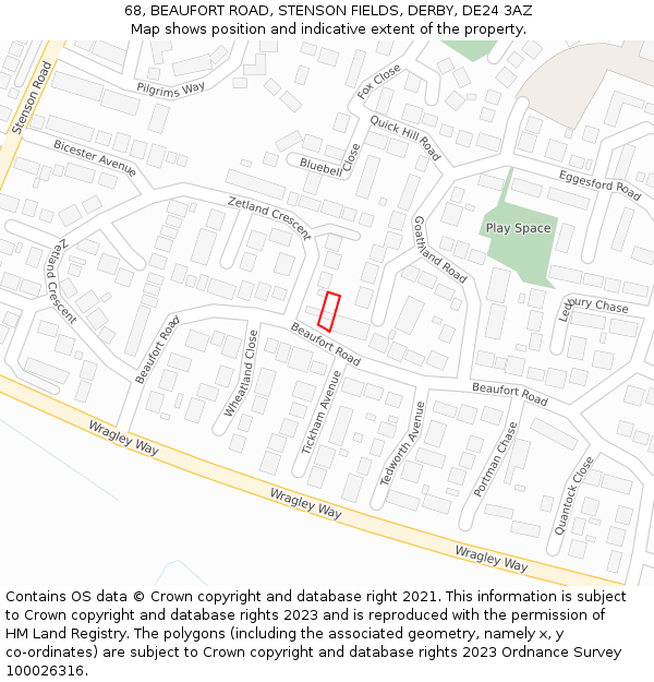 68, BEAUFORT ROAD, STENSON FIELDS, DERBY, DE24 3AZ: Location map and indicative extent of plot
