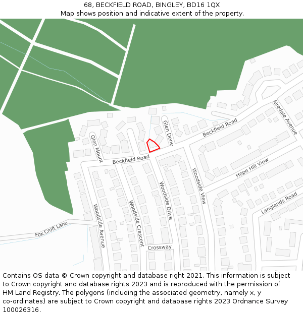 68, BECKFIELD ROAD, BINGLEY, BD16 1QX: Location map and indicative extent of plot