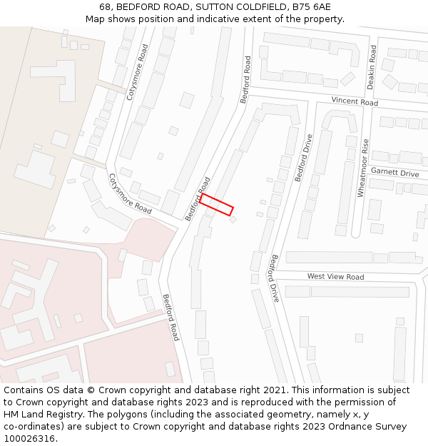 68, BEDFORD ROAD, SUTTON COLDFIELD, B75 6AE: Location map and indicative extent of plot
