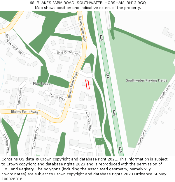 68, BLAKES FARM ROAD, SOUTHWATER, HORSHAM, RH13 9GQ: Location map and indicative extent of plot