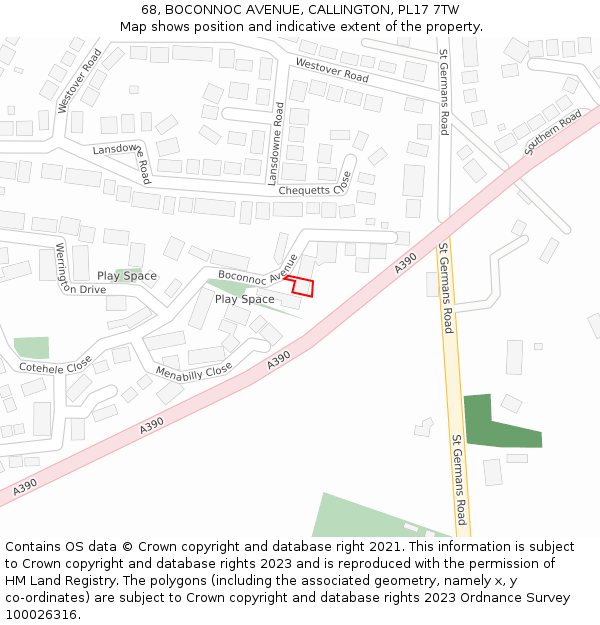 68, BOCONNOC AVENUE, CALLINGTON, PL17 7TW: Location map and indicative extent of plot