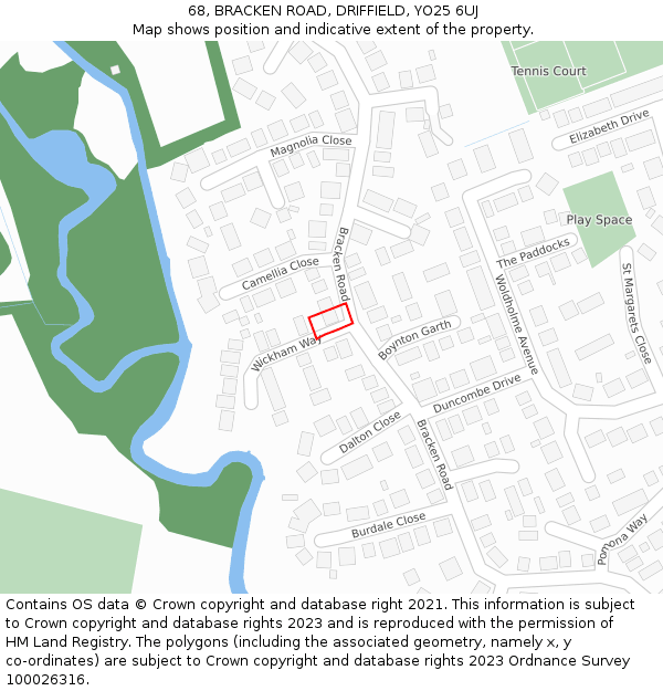 68, BRACKEN ROAD, DRIFFIELD, YO25 6UJ: Location map and indicative extent of plot