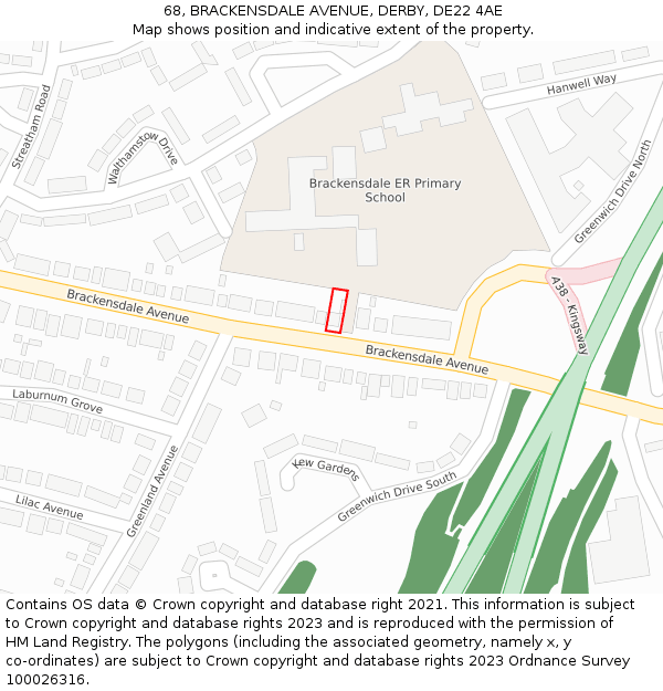 68, BRACKENSDALE AVENUE, DERBY, DE22 4AE: Location map and indicative extent of plot