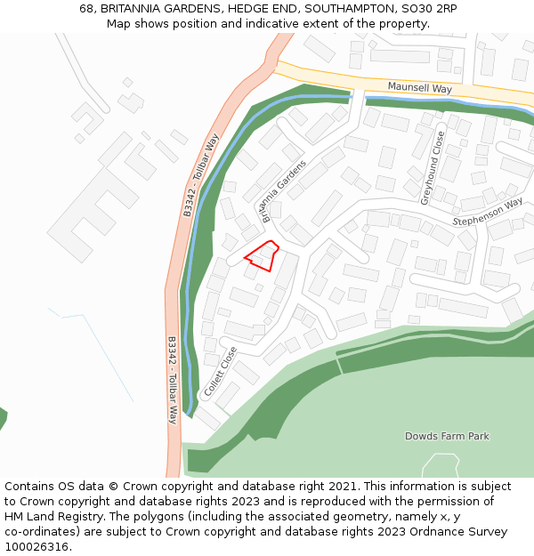 68, BRITANNIA GARDENS, HEDGE END, SOUTHAMPTON, SO30 2RP: Location map and indicative extent of plot