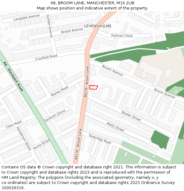 68, BROOM LANE, MANCHESTER, M19 2UB: Location map and indicative extent of plot