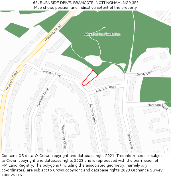 68, BURNSIDE DRIVE, BRAMCOTE, NOTTINGHAM, NG9 3EF: Location map and indicative extent of plot