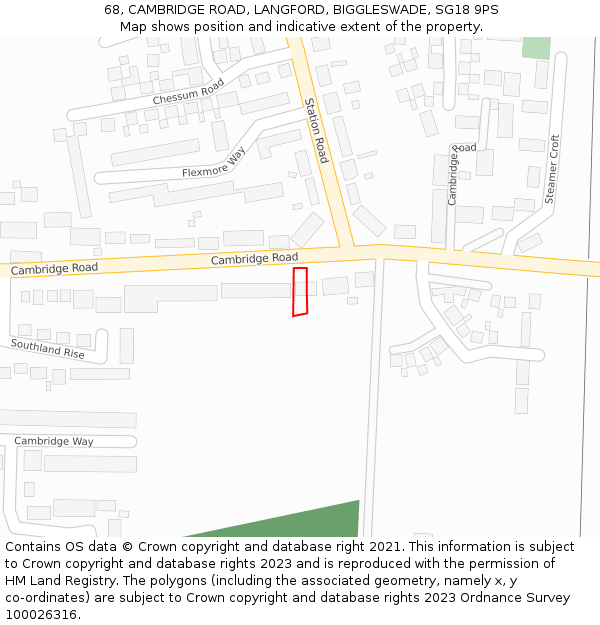68, CAMBRIDGE ROAD, LANGFORD, BIGGLESWADE, SG18 9PS: Location map and indicative extent of plot