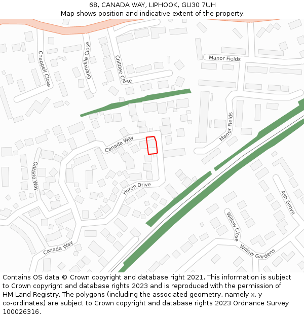 68, CANADA WAY, LIPHOOK, GU30 7UH: Location map and indicative extent of plot