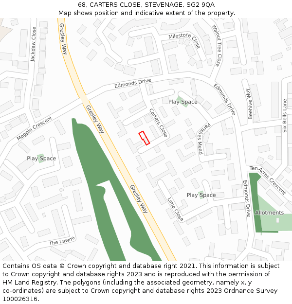 68, CARTERS CLOSE, STEVENAGE, SG2 9QA: Location map and indicative extent of plot