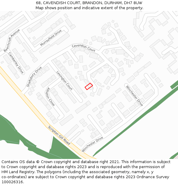 68, CAVENDISH COURT, BRANDON, DURHAM, DH7 8UW: Location map and indicative extent of plot