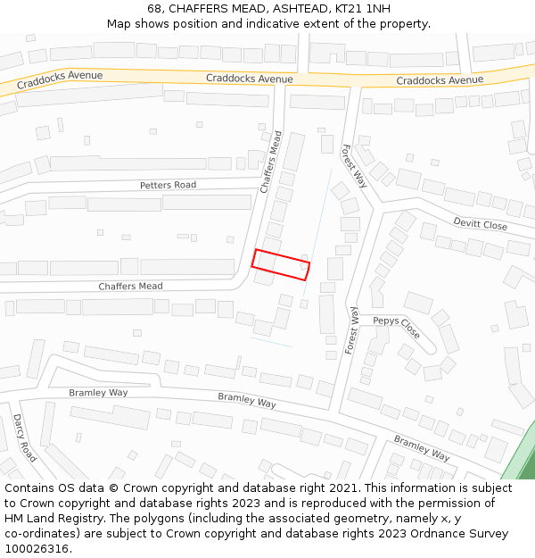 68, CHAFFERS MEAD, ASHTEAD, KT21 1NH: Location map and indicative extent of plot