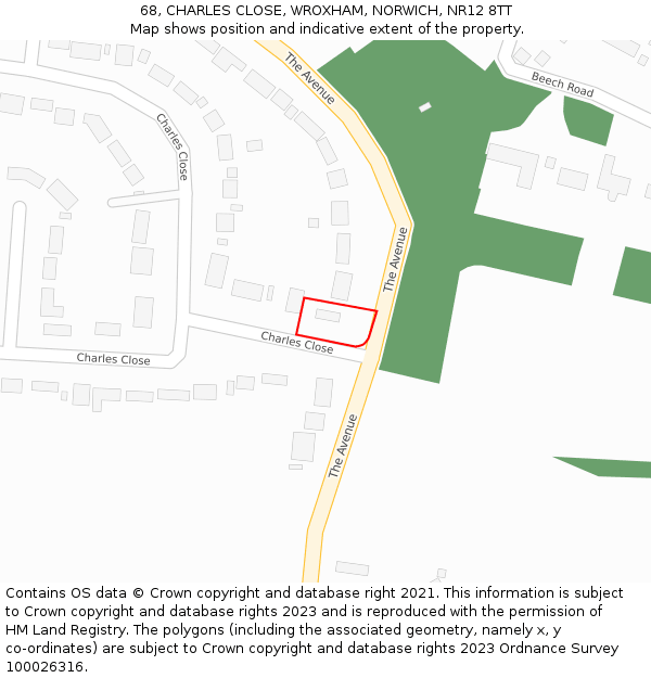 68, CHARLES CLOSE, WROXHAM, NORWICH, NR12 8TT: Location map and indicative extent of plot