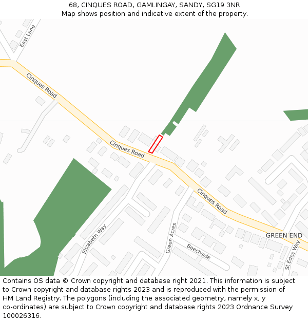 68, CINQUES ROAD, GAMLINGAY, SANDY, SG19 3NR: Location map and indicative extent of plot